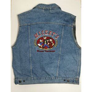 VTG Disney Mickey Denim Vest Mens M 90s Y2K Flannel Travel Outdoor Reversible